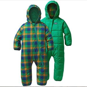 Patagonia Infant Baby Puff-Ball Reversible Bunting Green Plaid Size 6-12 months